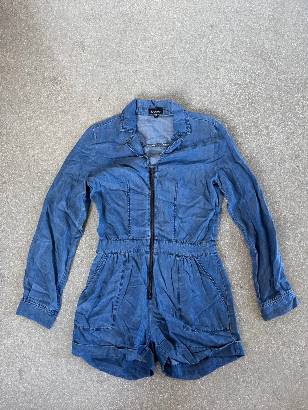 bebe Blue Denim Zip-Front Romper Jacket